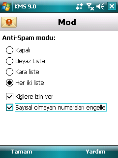 K U L L A N I M K I L A V U Z U Anti-Spamın sayısal olmayan numaralardan gelen SMS mesajlarını otomatik olarak silmesi için, Sayısal olmayan numaraları engelle kutusunu iģaretleyin.