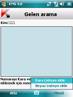 K U L L A N I M K I L A V U Z U Gönderenin numarası Kara veya Beyaz listede bulunmuyorsa, Anti-Spam taramayı tamamladıktan sonra bunu size bildirir ve gelen aramaya iliģkin bir eylem belirlemenizi