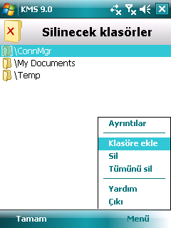 K U L L A N I M K I L A V U Z U SİLİNEN VERİLER LİSTESİ OLUŞTURMA Verileri Sil iģlevi özel bir SMS mesajı alındıktan sonra silinecek klasörlerin listesini oluģturmaya olanak verir.