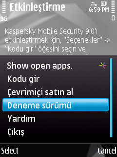 S Y M B I A N OS İ Ç İ N K A S P E R S K Y M O B I L E S E C U R I T Y 4. Seçenekler Deneme sürümü öğesini seçin (bkz. aģağıdaki ġekil). Şekil 6. Uygulamanın ticari sürümünü etkinleştirme 5.