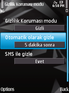 S Y M B I A N OS İ Ç İ N K A S P E R S K Y M O B I L E S E C U R I T Y Kapalı: Şekil 48. Gizlilik Korumasını otomatik olarak başlatma 3. DeğiĢiklikleri kaydetmek için Geri düğmesine basın.