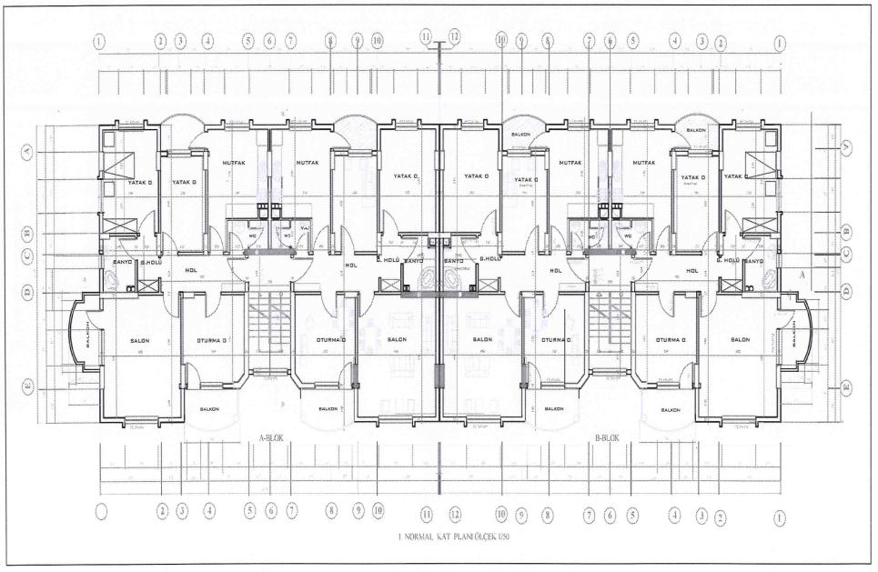 50 5.2. Örnek 2 nin İncelenmesi Apartman bitişik nizam şeklinde tasarlanmış, çift girişli bir binadır. Bir katta 4 daire bulunmaktadır. Daireler 3+1 şeklinde planlanmıştır.