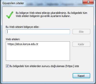3. Güvenilen siteler penceresinden Elektronik Belge Yönetim Sistemini Ekle