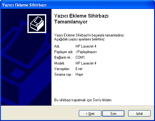 Önemli Not: Bu aşamadan sonra bu yazıcıya göndereceğiniz tüm dökümler yazıcı kuyruğunda yazdırılmak üzere bekleyecek ve bilgisayarınızın sağ alt köşesinde bir yazıcı simgesi, kuyrukta beklemekte olan