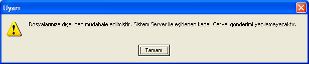 Eğer ilk kez gönderim yapacaksanız ya da verilerinizde bir tutarsızlık bulunur ise program ekrana aşağıdaki gibi bir mesaj çıkararak mevcut verileriniz ile TNB Evrak Sunucusu verilerini