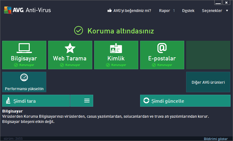 5. AVG Kullanıcı Arayüzü AVG Anti-Virus ana pencerede açılır: Ana pencere çok sayıda bölüme ayrılır: Üst satır gezinme ana pencerenin üst bölümünde yan yana dizilen dört aktif bağlantıdan oluşur