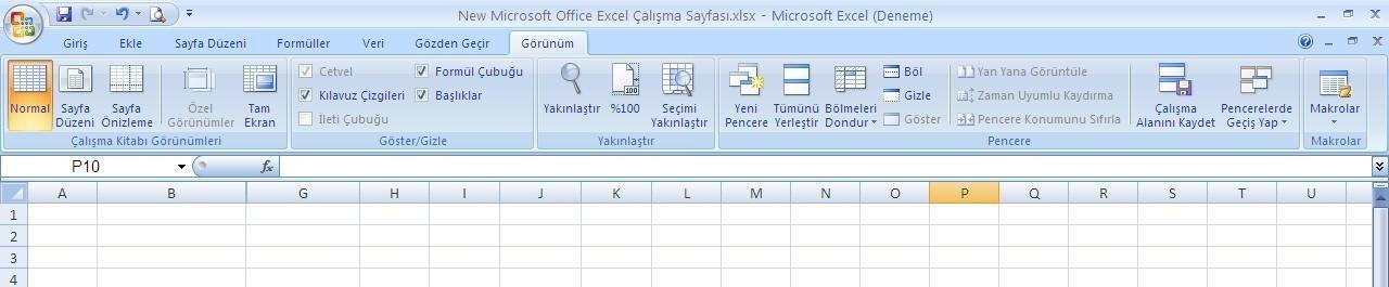 Ribbon Menüler Menün yedinci sekmesinde Görünüm bulunmaktadır. İlk kısmında Çalışma Kitabı Görünümleri özelliği bulunmaktadır.