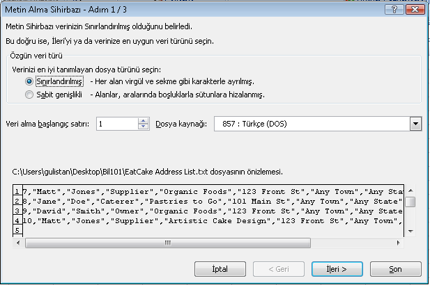 Metinden Veri Alma Veri önizleme alanı dinamik bir alandır. Bir önceki adımda seçtiğimiz dosya burada gösterilir. Bundan sonraki adımlarda yapılacaklara bu dosyanın yapısına göre karar verilmelidir.