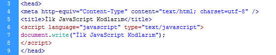 1.1.1. HTML e JavaScript Kodlarını Tanıtma Script kodlarını html e tanıtmak için; etiketleri kullanılır. Type parametresi script blokları arasında yazılacak kodların türünü belirtir.