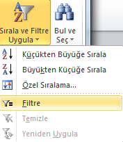 Filtreleme Yapmak Excel de filtreleme, belirtilen ölçüt veya ölçütlere uyan kayıtların gösterilmesi, bu ölçütlere uymayan kayıtların gizlenmesi anlamını taşır.