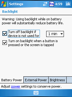 a) Pil ile çalışma anında: Pil ile çalışma anında LCD ekranın arka aydınlatma ayarını değiştirmek için Battery Power sekmesinde, Turn off backlight if device is not used for seçeneğini işaretleyip