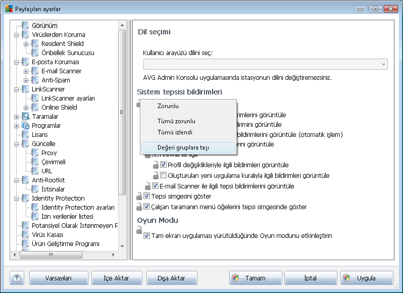 Bir yapilandirmayi bir gruptan Istasyonlar için paylasilan ayarlar'a tasimak için seçili onay kutusunu sag tiklatabilir ve baglam menüsünden Degeri Paylasilan ayarlara tasi ögesini seçebilirsiniz.