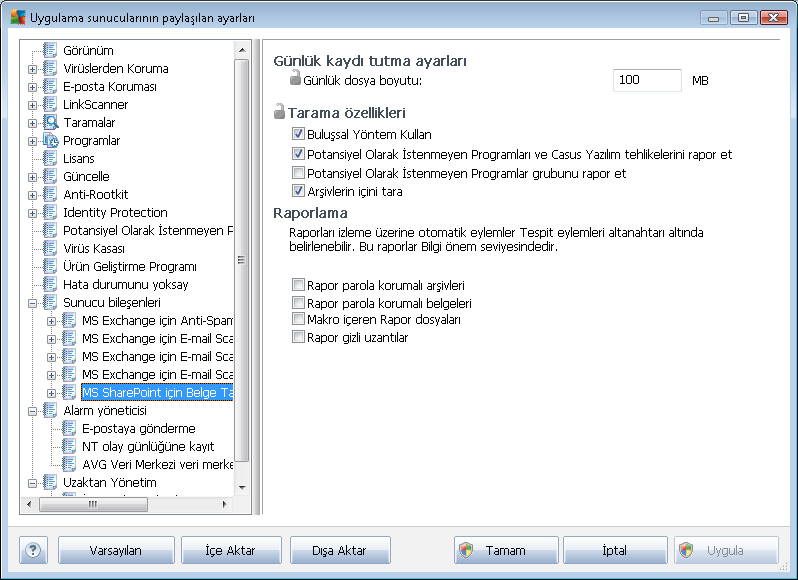 10.3.6. MS SharePoint için Belge Tarayıcı Bu öge, MS SharePoint için Belge Tarayici ayarlarini içerir. Günlük ayarlari bölümü: Günlük dosyasi boyutu - tercih edilen bir günlük dosyasi boyutu seçin.