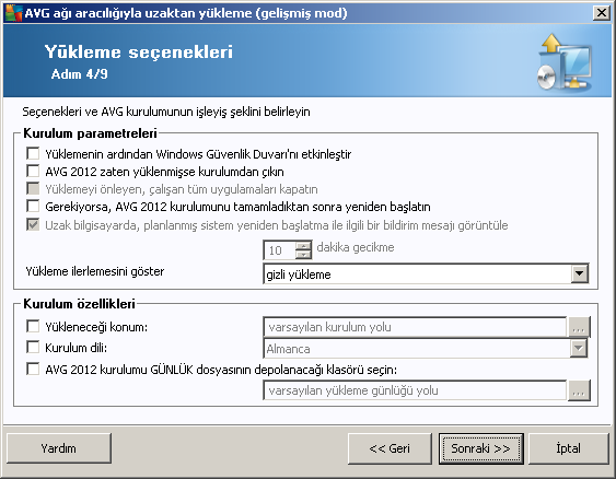 Kurulum parametreleri bölümünde asagidaki seçeneklerden birini seçebilirsiniz: Yüklemeden sonra Windows Firewall uygulamasini etkinlestir - AVG Firewall bilesenini yüklemeyecekseniz, yükleme