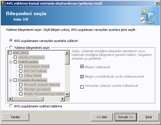 varsayilan sistem ayarlari kullanilacak sekilde birakin. AVG yükleme paketini içeren klasör - AVG yükleme paketine tam yolu yazin veya uygun klasörü seçmek için bu dügmesini kullanin.