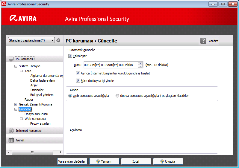 Avira Professional Security ürününe genel bakış Yapılandırma bir iletişim kutusu açar: Tamam veya Uygula düğmeleriyle yapılandırma ayarlarınızı kaydedebilir, İptal düğmesini tıklatarak ayarlarınızı