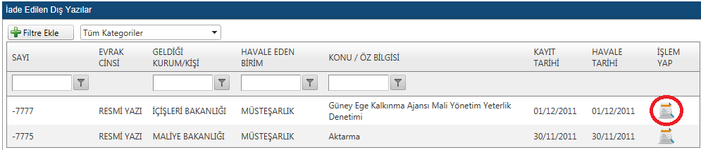 İmzamı Bekleyenler İç Yazı Buton İşlevleri: ONAYLA: İlgili iç Yazıyı onay veren butondur. EVRAK İADE ET: İlgili iç Yazıyı iade etmek için kullanılan butondur.