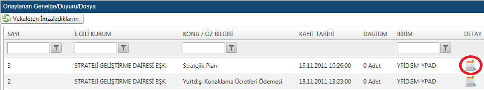 2.4.12) GİDEN EVRAK TAKİP İMZADA BEKLEYEN GENELGE/DUYURU Kullanıcının oluşturup imzaya, onaya göndermiş olduğu Genelge ve Duyurular bu alt menüde listelenir.