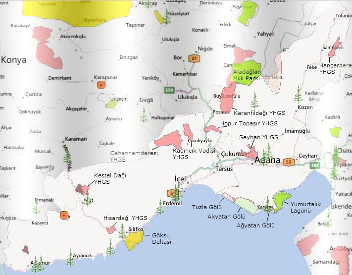 Harita 4.42: TR62 Bölgesi Korunan Alanlar Kaynak: T.C. Orman ve Su İşleri Bakanlığı; Ulusal Biyolojik Çeşitlilik Veritabanı, http://www.nuhungemisi.gov.tr/biyolojikcesitlilikharita.