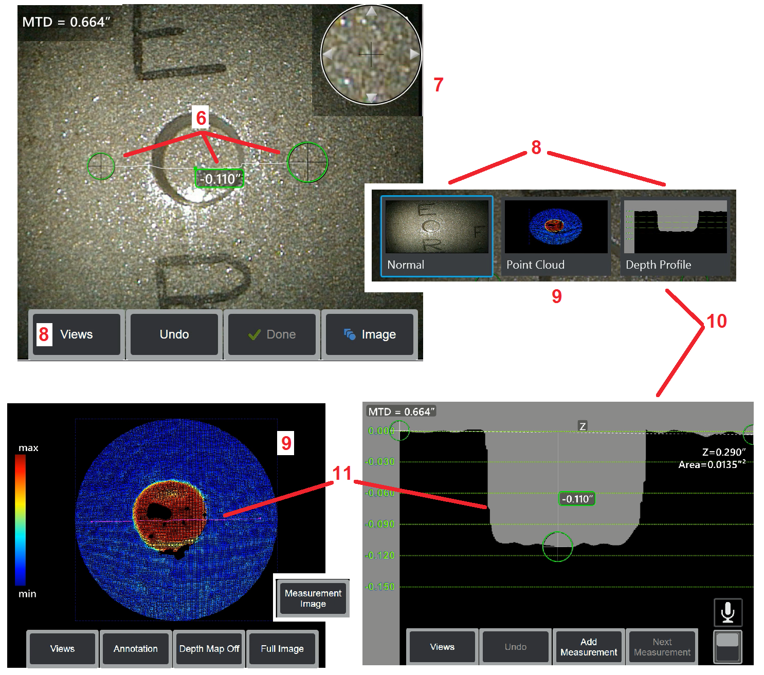 3DPM Ölçümler yapmak (Derinlik Profili Örneği) Not: Derinlik Profili ölçümünde aşağıdaki prosedür uygulansa da, herhangi bir 3DPM yapmak için bu prosedüre 3D Ölçüm Türleri başlıklı bölümdeki