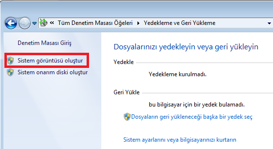 Resim 2.13: Sistem onarım diski oluģturma adımları Ġmaj hazırlamak için Tüm Denetim Masası Öğeleri/ Yedekleme ve Geri Yükleme/Sistem Görüntüsü OluĢtur linkine tıklanır. Resim 2.