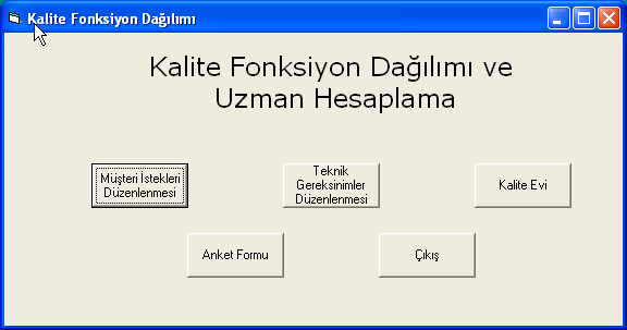 ANA SAYFA BĠTĠġ ANKET MÜġTERĠ ĠSTEKLERĠ DÜZENLENMESĠ TEKNĠK GEREKSĠNĠMLERĠN DÜZENLENMESĠ KALĠTE EVĠ ve UZMAN TASNĠFĠ Şekil 7. Çalışma için hazırlanan uzman sistem programının işleyiş şeması (Figure 7.