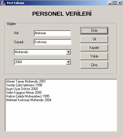 ÜÇÜNCÜ ÖRNEK; PERSONEL VERĐ TABANI (ComboBox, ListBox, dosya kayıt/okuma) 70 M //------------------------------------------------------------------------- void fastcall TForm1::Button1Click(TObject