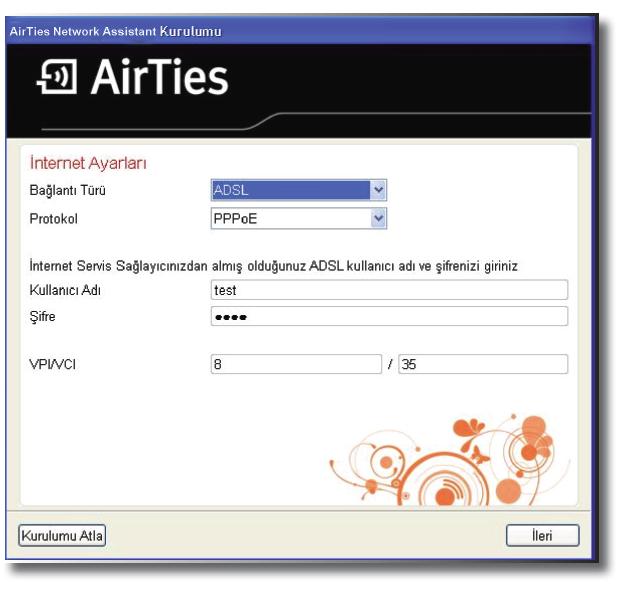 7. ADSL bağlantınız için gerekli bağlantı bilgilerini doldurunuz ve ileri> butonuna tıklayınız.