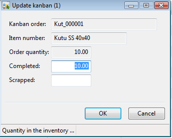 Şekil A.14 : Kanban üretim formu (miktar onaylama) Kanban güncelleştirme ekranı karşımıza gelir, tamamlanan üretim için tamamlandı alanına miktar yazılır.