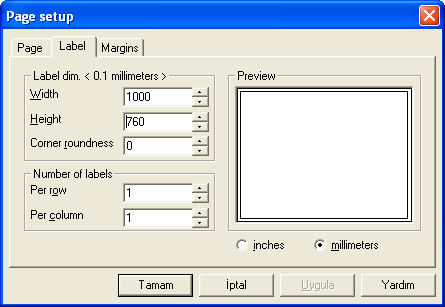 Label Sekmesi: Bu bölümde yazıcıya takılı etiketlerden bir tanesinin ölçüleri ve satır ve sütunda kaç etiketten oluştuğu belirlenir.
