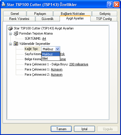 3. Windows 2000/XP Yazıcı Sürücüsü Kullanımı 3.1. Yazıcı Sürücüsü Yapılandırması 3.1.1. Kağıt Tipi Yazdırılan her sayfanın uzunluğunu seçebilirsiniz.