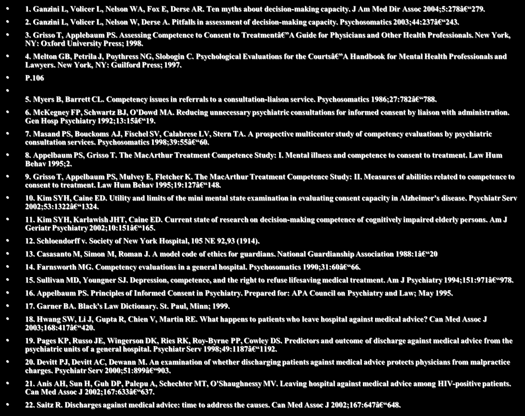 1. Ganzini L, Volicer L, Nelson WA, Fox E, Derse AR. Ten myths about decision-making capacity. J Am Med Dir Assoc 2004;5:278â 279. 4. Melton GB, Petrila J, Poythress NG, Slobogin C.