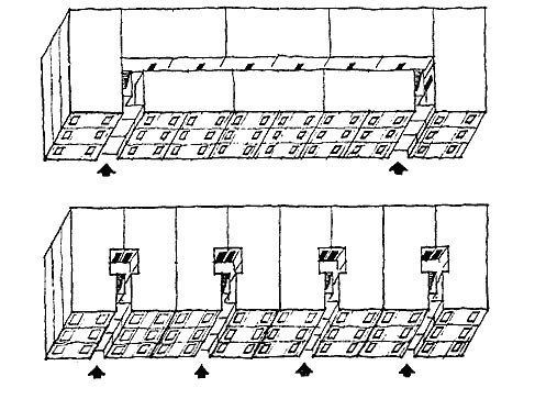 Şekil 2.4: Çok Katlı, Asansörlü Yapıları ve Şekil 2.5: Üç Katlı Apartmanların İki Onların Oluşturduğu Dört Farklı Konfigürasyonu Ana Konut (Newman, 1996). Şekil 2.5 de üç katlı apartmanların iki farklı konfigürasyonu görülmektedir.