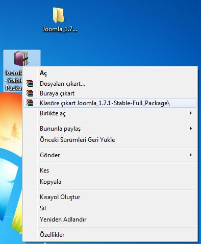 2. ADIM: Paketin açılması Ġndirdiğimiz paketin adı Joomla_1.7.1- Stable-Full_Package_TR.zip olacaktır. Bu bir sıkıģtırılmıģ arģiv dosyasıdır.