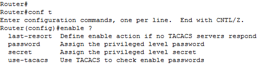 Priviledge EXEC mod a izinsiz erişimi engellemek için config moddayken enable komutu kullanılır. Aşağıda enable komutunun parametreleri ve açıklamaları gösterilmektedir. Resim 3.