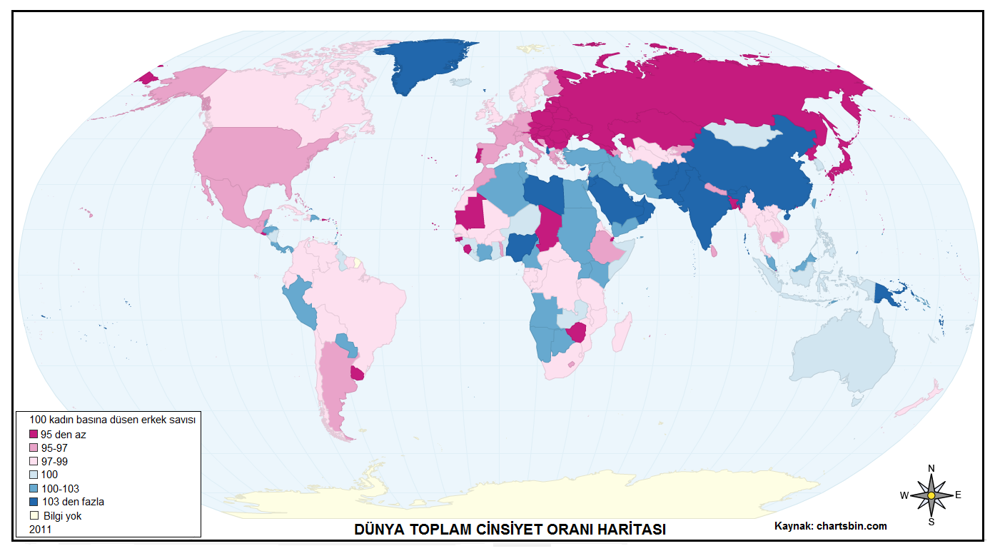 Bazı ülkelerin yaş gruplarına göre cinsiyet oranları: (2011 CIA World Factbook) Ülkeler Yaş grupları Bebek 15 yaş altı 15-64 65 yaş yukarısı Toplam Kenya 102 101 101 84 100 Somali 103 100 100 72 100