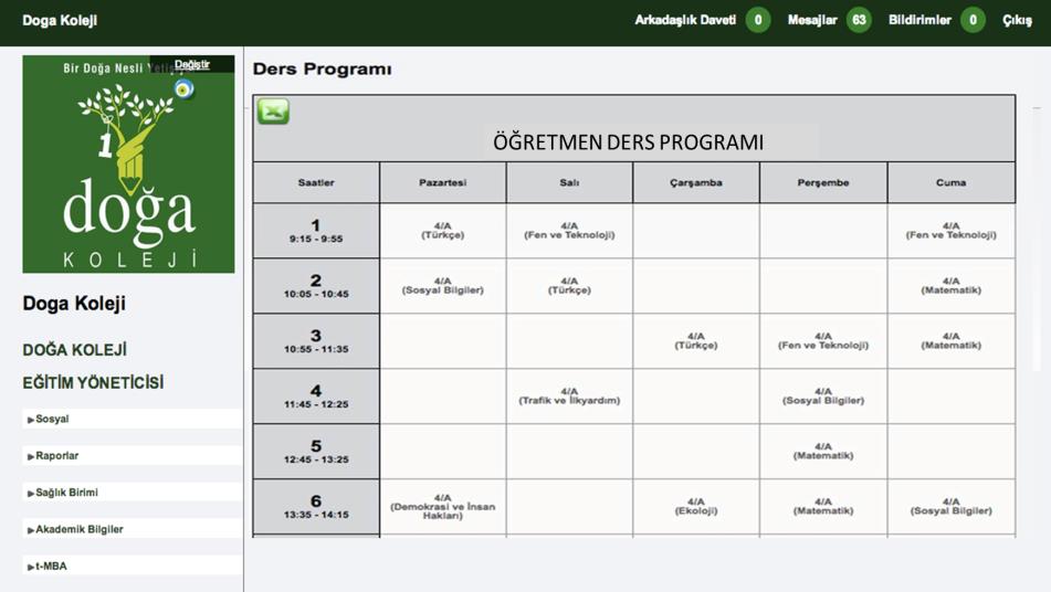 13.1 DERS PROGRAMI Bilgilendirme menüsü altında bulunan ders programı kısmından öğrenci yada öğretmenlerin ders programlarına ulaşabildiği alandır. 13.