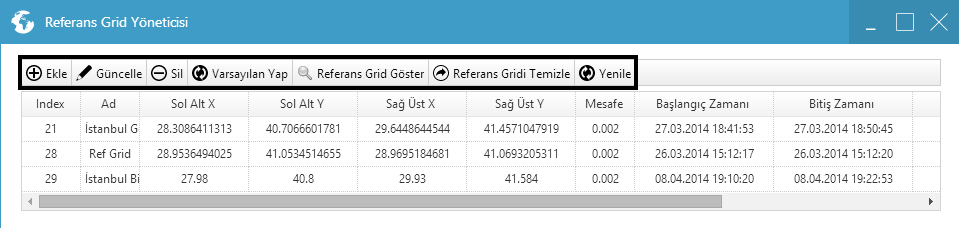 Şekil 32: Referans Grid Yöneticisi Şekil 33 te açılan Referans Grid Ekle penceresinden yeni eklenecek verinin adı, mesafesi ve açıklamaları girilir.