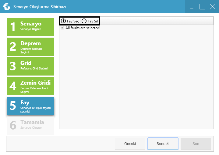 Şekil 45: Fay Seçimi Beşinci adımda senaryoda kullanılacak Fay seçilir. Bu adımda eğer fay seçilmezse senaryo bütün fay hatları üzerinde bir analiz yapacaktır.