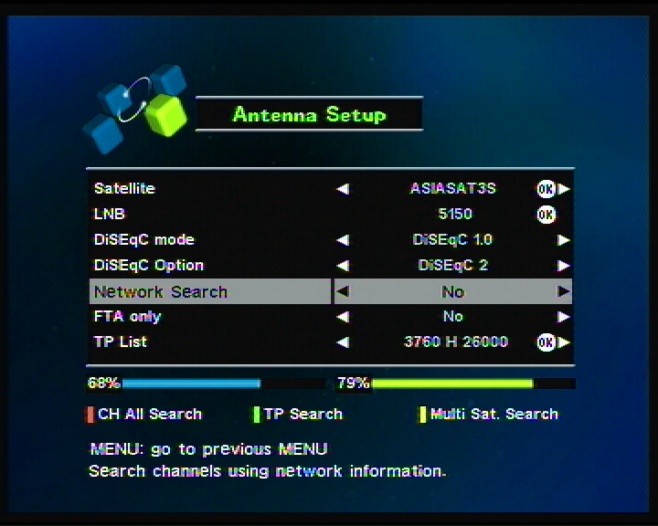 Ağ Arama Ağ arama fonksiyonu yeni TP ler ve bu TP lerdeki tüm kanalları aramak için kullanılır. Ağ Arama menüsüne nasıl geçilir? Ana Menü->Kurulum->LNB Ayarları=>Ağ Arama ( Evet seçiniz.