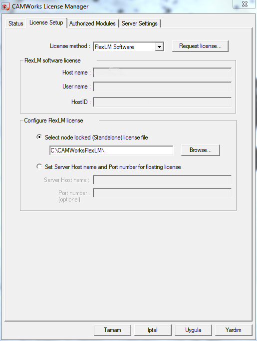 License Setup Burada yapılması gereken ilk olarak lisanslama yöntemini seçmektir. Mevcut olan lisanslama yöntemi resimde göründüğü gibi FlexLM Sofrware seçilerek yapılmalıdır.