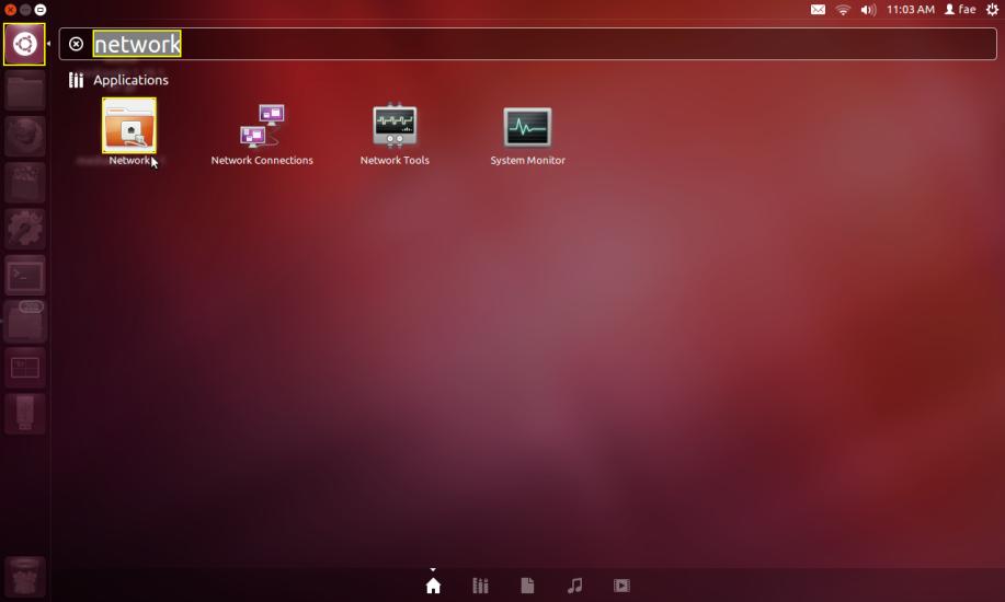 Ubuntu yeniden başlatıldığında Dash Home ikonuna tıklayınız ve daha sonra network yazınız.