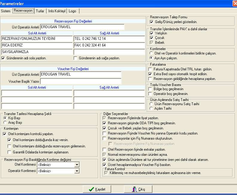 Resim 1.24: Parametreler (rezervasyon) 1.3.3. Turlar Acentenin düzenlemiģ olduğu turlar hep tek bir bölgeden çıkıyorsa ya da tek bir bölgeden satılıyorsa ilgili alanlardan bölge seçimi yapılır.