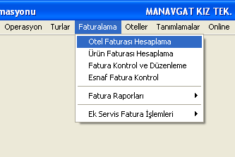 Resim 2.26: Faturalama menüsü Yapılacak Hesaplamalar bölümünde konaklama, transfer, ve handling fee ve otel ekstralarından hesaplamaya dâhil olacaklar iģaretlenir.