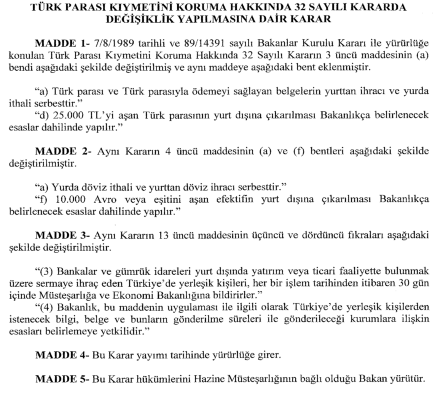 10.6.2015/ 29382 R.G. 2015/7603 Türk Parası Kıymetini Koruma Hakkında 32 Sayılı Kararda Değişiklik Yapılmasına Dair Karar yayımlandı.