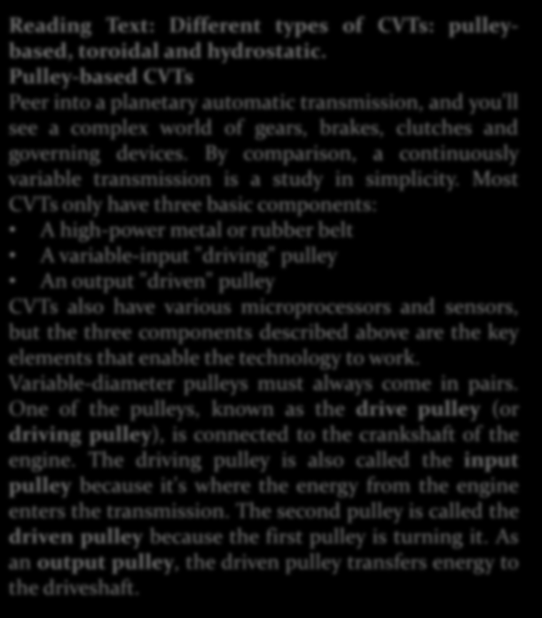 Reading Text: Different types of CVTs: pulleybased, toroidal and hydrostatic.