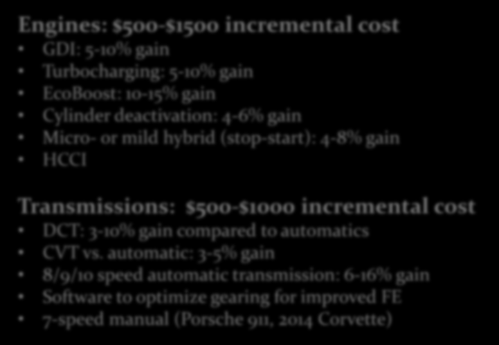 Reading Text: Traditional Powertrain Technology - Plenty of Room for Improvement Engines: $500-$1500 incremental cost GDI: 5-10% gain Turbocharging: 5-10% gain EcoBoost: 10-15% gain Cylinder