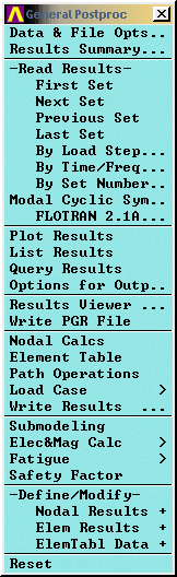 General Postproc menüsünde eğer birden fazla yükleme adımı seçildi ise Read Results bölümünde ilgili adım açılmalıdır. Daha sonra Plot Results ile sonuçlar grafik olarak ekrana basılabilir.