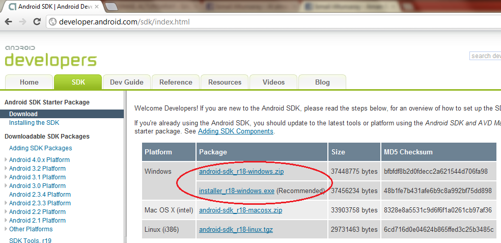 Şekil 7. Android SDK uygulamasının siteden indirilmesi 1.3.