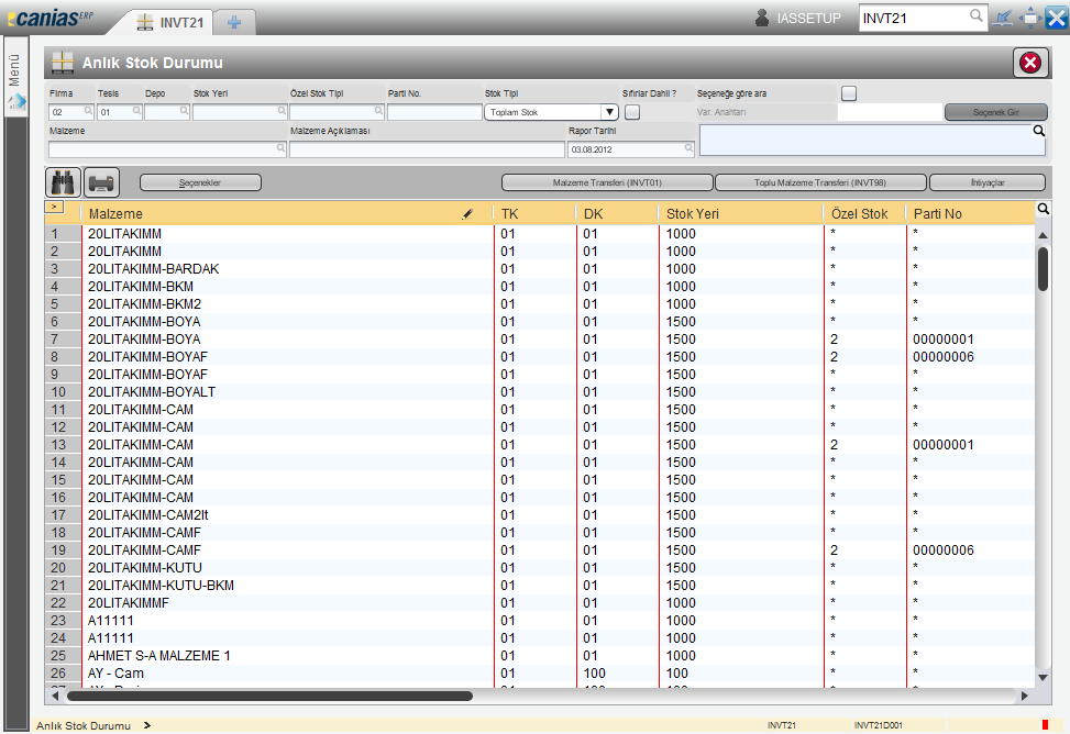 3.4. Anlık Stok Durumu (INVT21) Firma : Firma kodu Tesis : Tesis kodu Depo : Depo kodu Stok Yeri : Stok yeri kodu Özel Stok : Özel stok tipi kodu Parti No : Parti numarası Rapor Tarihi : Anlık stok